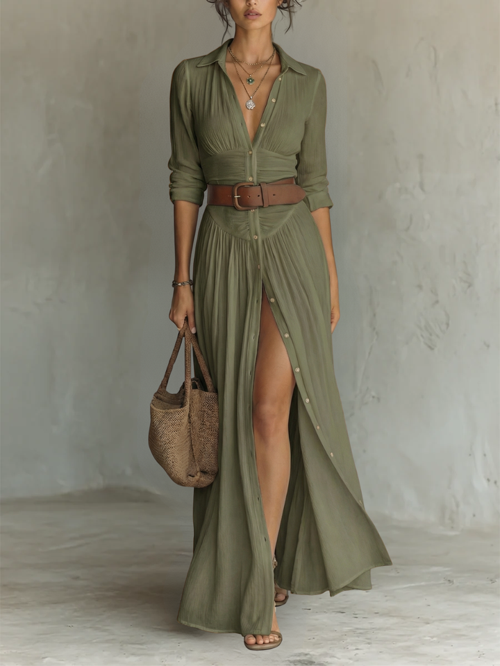 ESSENTIAL - Long Maxi Linen Dress with Notched Collar and Long Sleeves for Women
