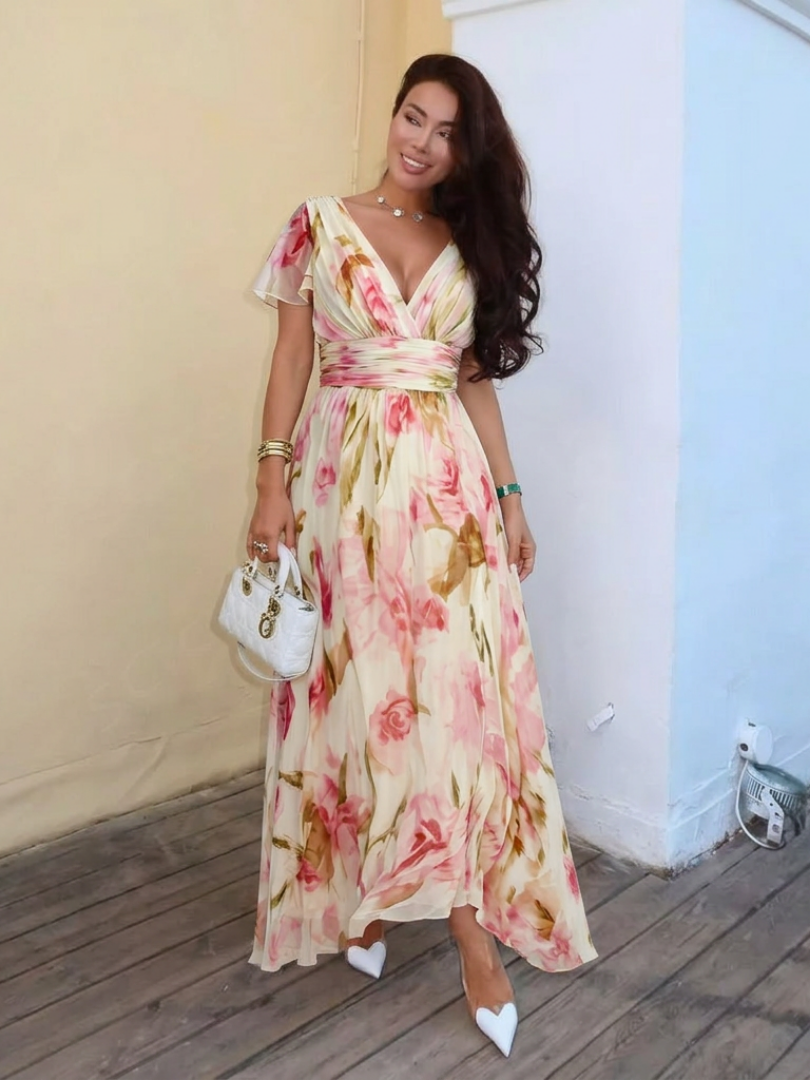 Roslyn | V Neck Short Sleeve Floral Maxi Dress